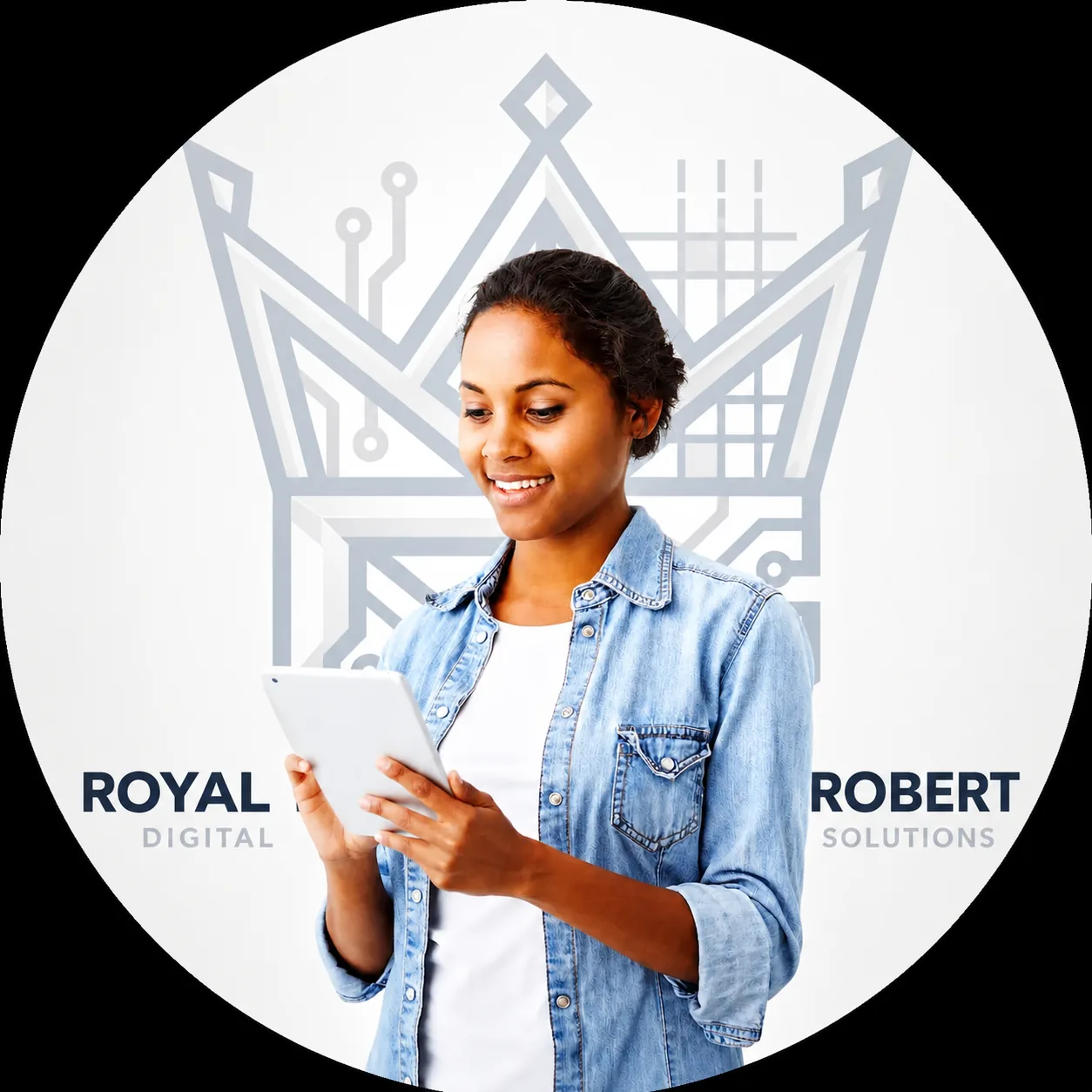 A client engaging with a tablet in front of the Royal Robert brand mark