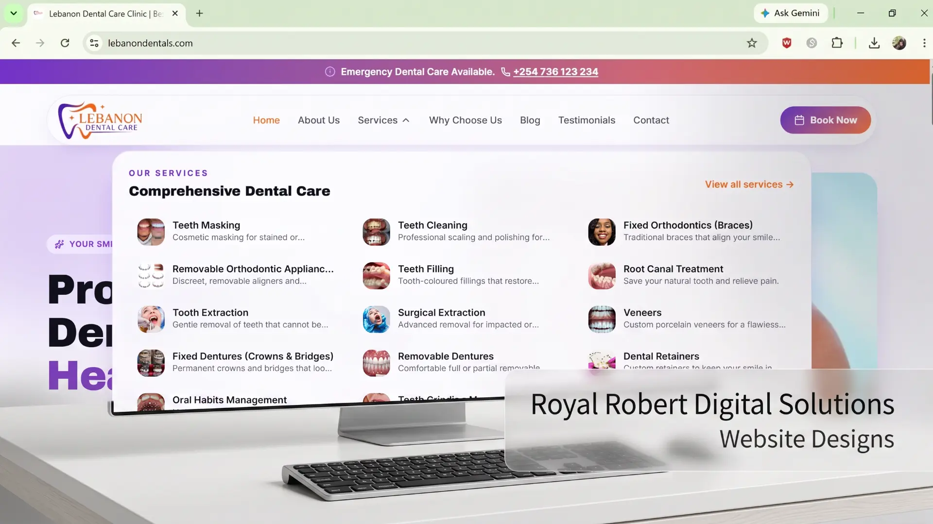 Lebanon Dental Care clinic website homepage with services menu